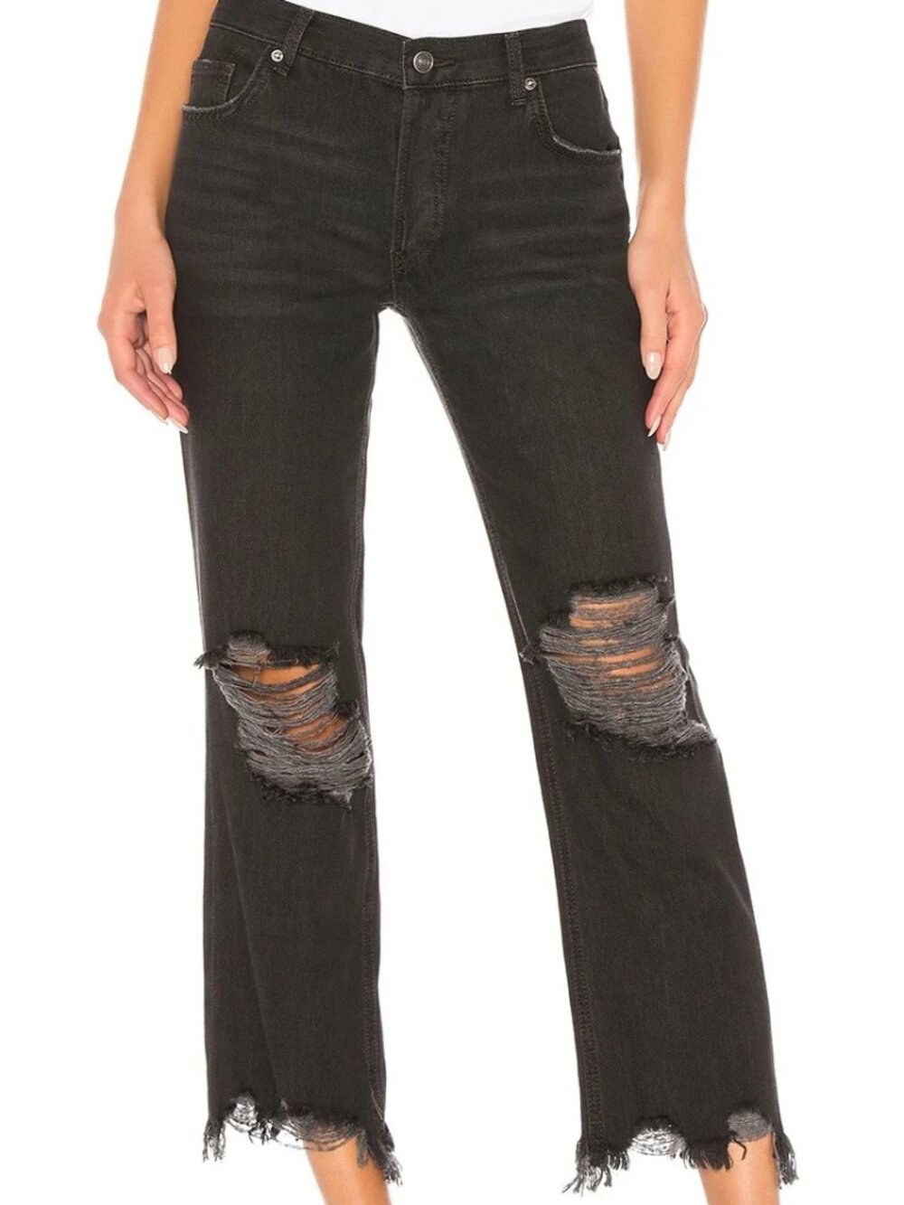 Free People Maggie Mid Rise Straight Leg Black Jeans Distressed 31